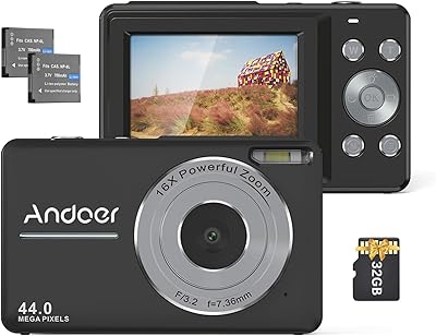 Andoer Portable 1080P Digital Camera Video Camcorder 44MP Auto Focus 2.5 IPS Screen 16X Digital Zoom Anti-Shake Face Detect Smile Capture with 32GB Memory Card 2pcs Batteries for Kids