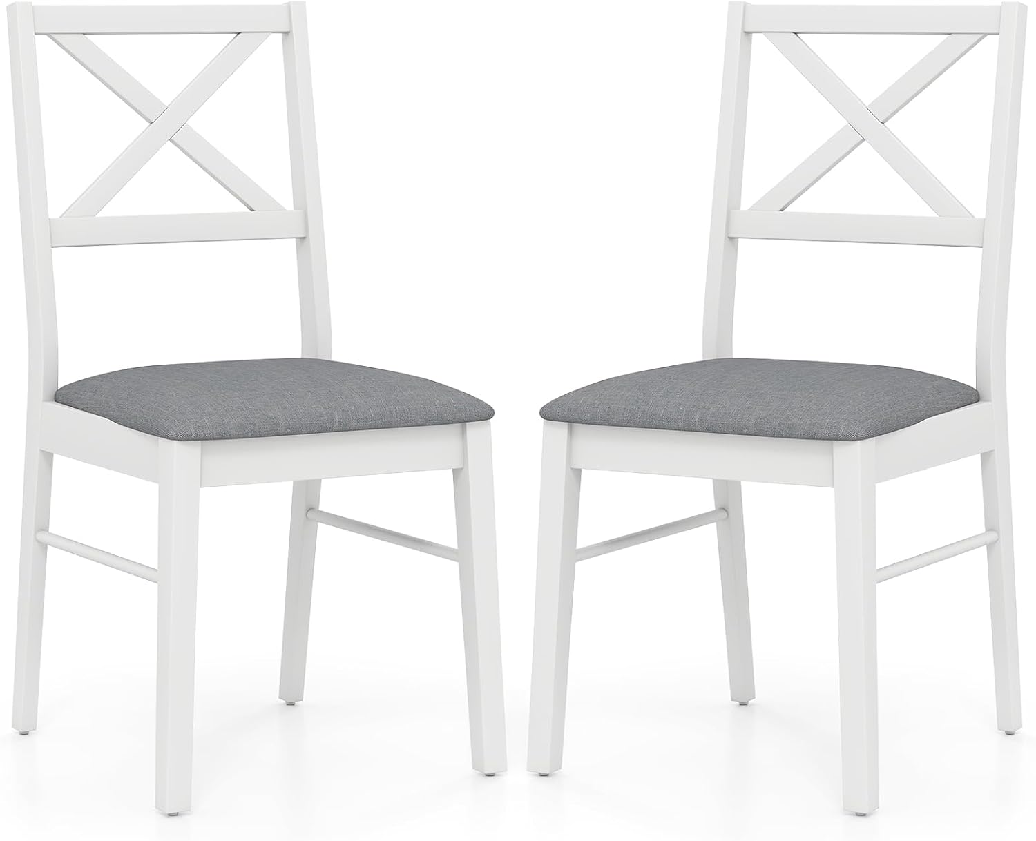 GOFLAME Dining Chairs Set of 2, Upholstered Kitchen Side Chairs with Rubber Wood Frame, Padded Seat, Cross Back, Farmhouse Armless Dinette Chairs for Dining Room, Living Room, White & Grey