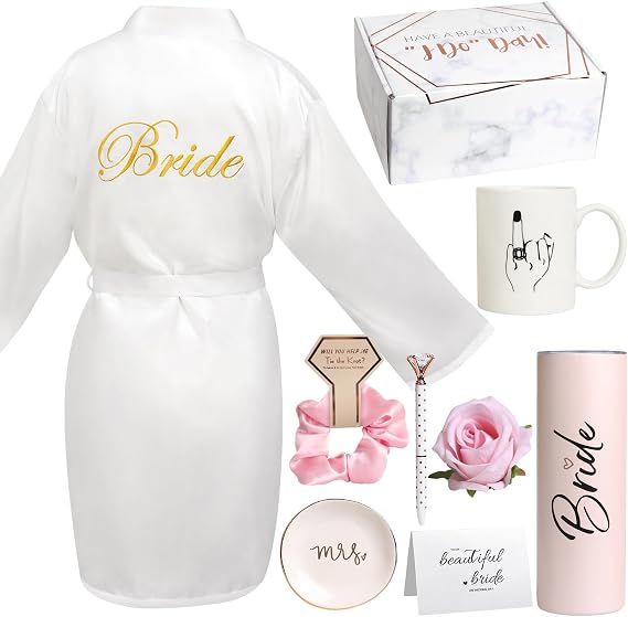 Frerdui 8Pcs Bridal Shower Gift, Bride to Be Gifts, Bridal Shower Gifts for Bride to Be, Gift Box Sets Bridal Silk Robes Tumbler Cup Mug Jewelry Tray, Wedding Engagement Gift for her(M)