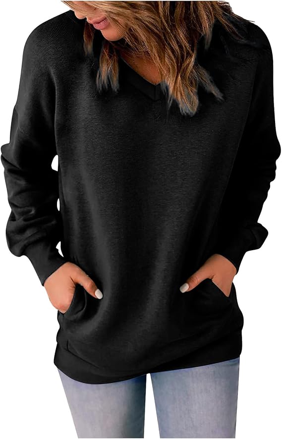 Womens Casual V Neck Long Sleeve Tops Loose Fit Comfy Pullover Sweatshirts Tunic Shirts Trendy Blouses with Pockets