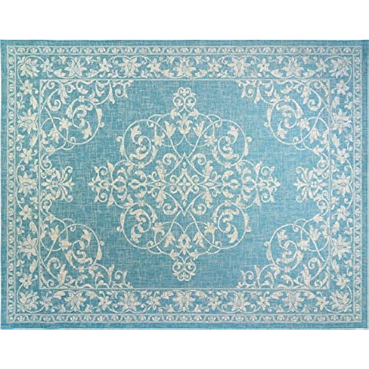 Gertmenian Indoor Outdoor Classic Flatweave Area Rug, Stain & UV Resistant Carpet, Deck, Patio, Poolside & Mudroom, 5x7 Ft Standard, Center Medallion, Aqua Blue, 21562