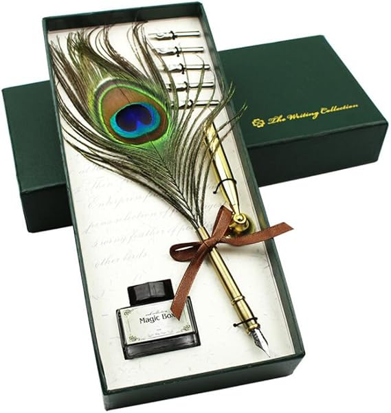 Feather Quill Pen Ink Set-Vintage Peacock Feather Pen with Holder,5pc Metal Pen Nib Writing Calligraphy Pen Set for Beginner