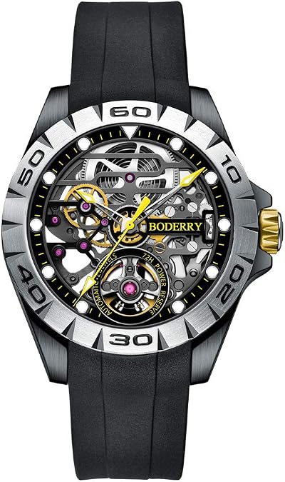 BODERRY Original Urban Mens Stainless Steel Skeleton 72H Power-Reserve Watches Fashion Automatic-Self-Winding Mechanical Luminous Wrist Watch with Rubber/Leather Strap