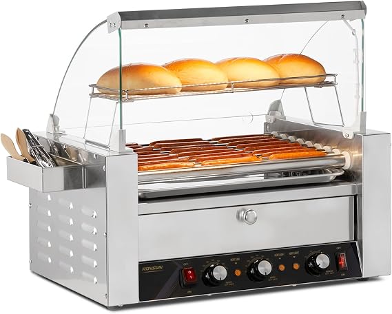 ROVSUN 24 Hot Dog 9 Roller, Hot Dog Roller Warmer Grill Cooker Machine w/Bun Warmer, Cover, Dual Temp Control, LED Light, Removable Shelf & Drip Tray for Party Home Commercial 1500W ETL Certified