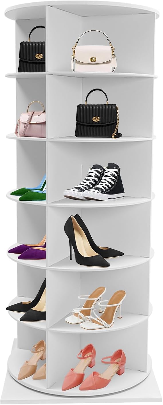 6 Tier Rotating Shoe Rack, 360 Rotating Shoe Rack Tower, Spinning Shoe Display Lazy Susan, Multifunctional Storage Revolving Shoe Rack Tower, Rotate Shoe Organizer (White, 56.2" H)