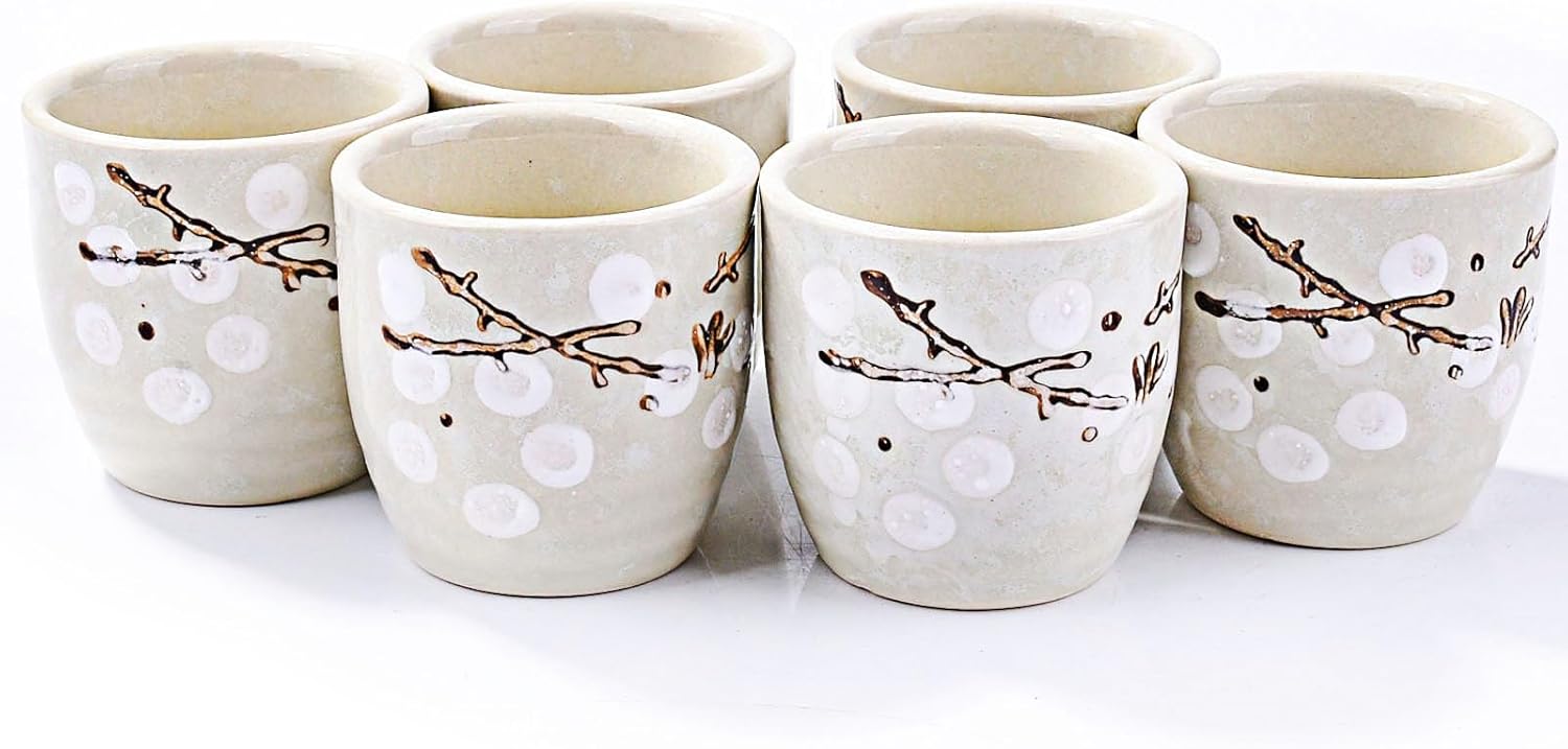 Japanese Ceramic Sake Cups Set of 6 White