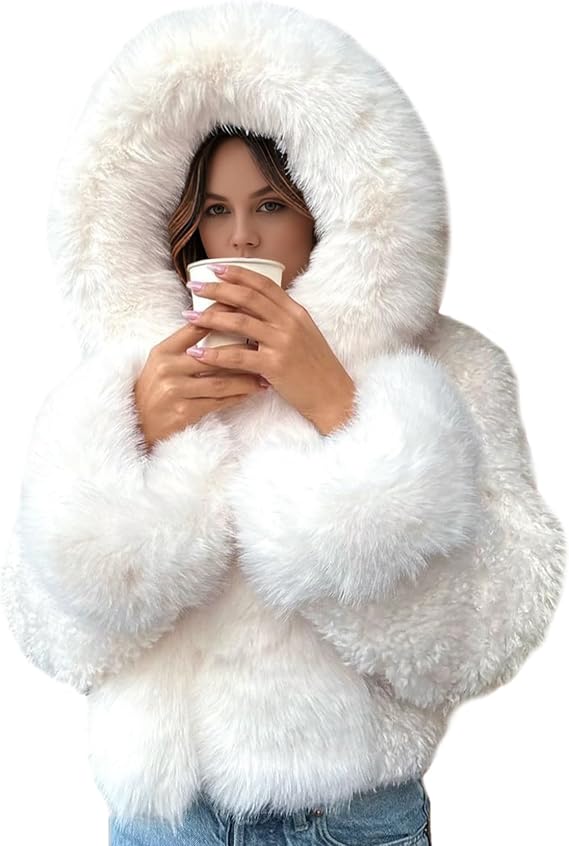 Wyeysyt Women's Faux Fur Coats with Hood Winter Warm Cropped Hoodie Jacket