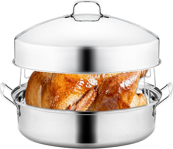22" Roasting Pan with Lid and Rack,Large Roaster Pan for Oven