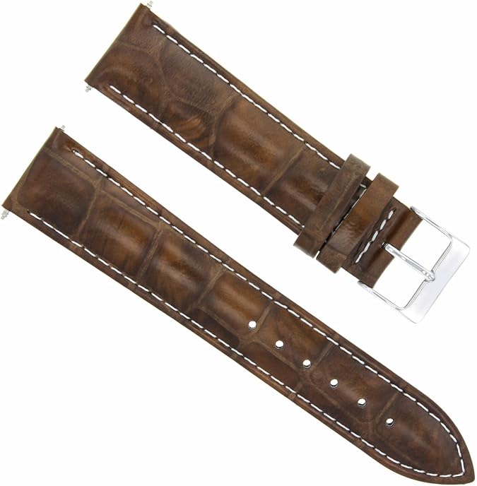 Ewatchparts 19mm Light Brown Leather Replacement Watch Strap White Stitching Silver Buckle Compatible With Breitling Pilot