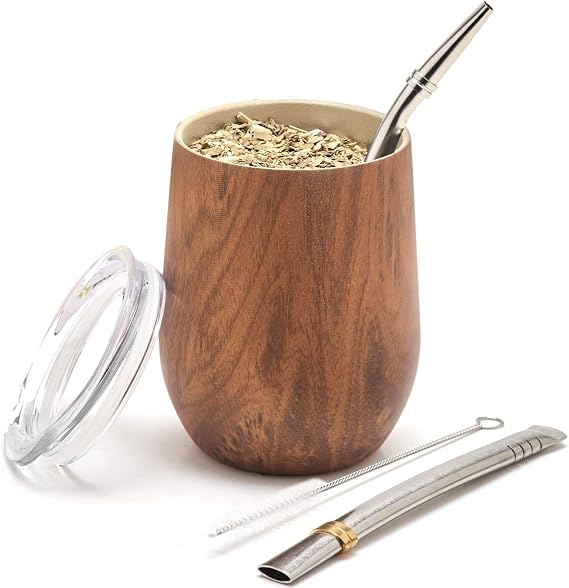 BALIBETOV Yerba Mate Set Mate Cup with Lid, 2 Bombillas & Cleaning Brush Double-Wall Vacuum Insulated BPA-Free Easy to Clean