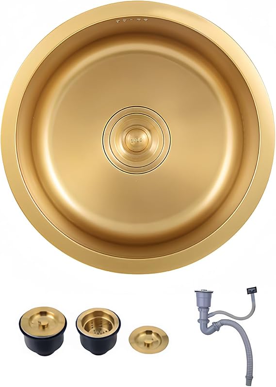 RV Utility Sink Golden Round Bar Sink 16 Inch Countertop/Drop-in Single Bowl Sink, 304 Stainless Steel Small Kitchen Sink With Accessories (Gold, 15.7x15.7in)