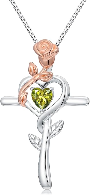 Rose Birthstone Cross Necklace 925 Sterling Silver Cross Jewelry Rose Gifts for Women