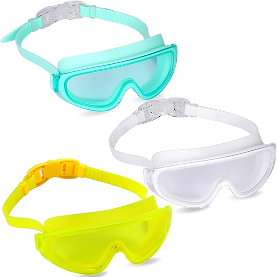 Theuzi 3 Pack Kids Swim Goggles, Swimming Glasses with One-Piece Wide Vision Lens from 3 to 15 Years Old