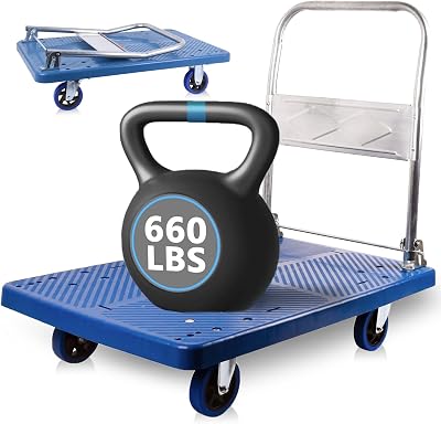 Foldable Push Cart Dolly 660 lbs, Capacity Heavy Duty Moving Platform Trucks Hand Cart with 360 Swivel Wheels for Home Garden Warehouse Garage Workshops