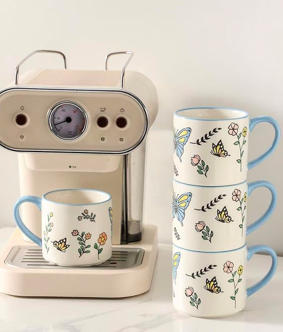 Hand Painted Ceramic Coffee Mug Set of 4, 15 oz Stackable White & Blue Mugs with Butterfly Flower Pattern, Large Porcelain Mugs for Latte, Cappuccino, Tea, Ideal Gift for Women