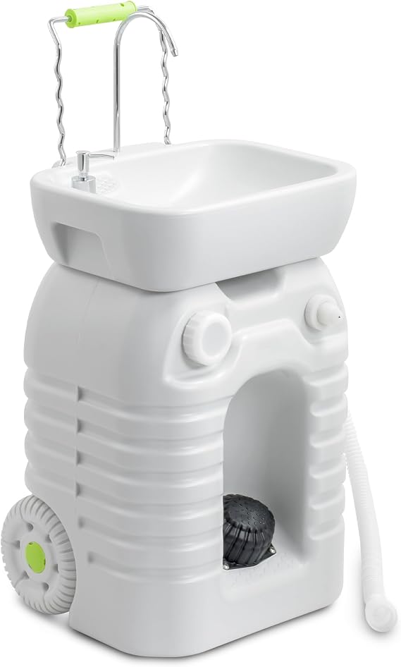 YITAHOME Portable Camping Sink, Handwashing Station with Adjustable Wash Basin, Soap Dispenser, Metal Handle, Large Wheels for Outdoor, Travel, Boat, Gather, Garden, Worksite, White