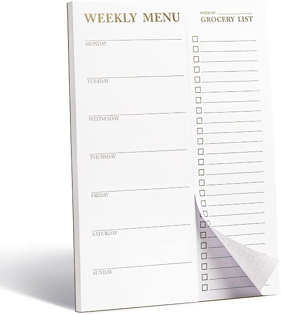 White Magnetic Meal Planner Notepad & Tear Off Weekly Grocery List for Fridge - Grocery Shopping List Notepad Dinner List for Refrigerator - White and Gold Metalic Planner with 52 Sheets - 7 x 10 Inch