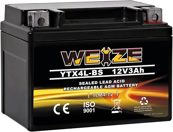 Weize YTX4L-BS High Performance - Rechargeable - Sealed Motorcycle Battery Compatible with Polaris Scrambler, Sportsman 90, Honda Scooters NQ50 Spree,Kawasaki 110 KLX110,Can-Am DS70,Yamaha TTR125E/LE