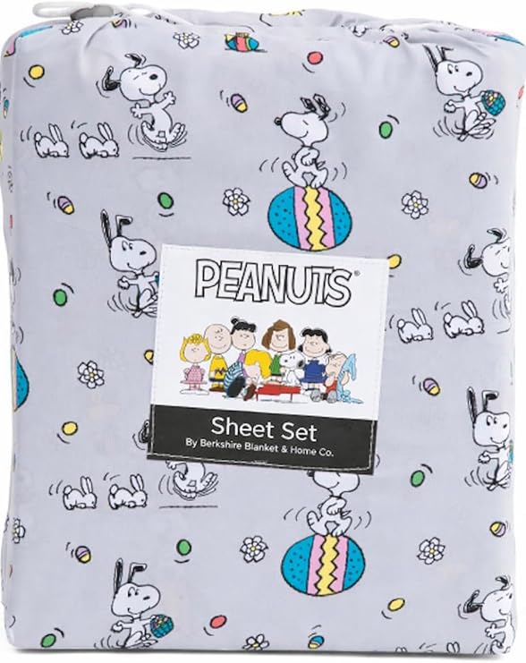 Berkshire Blanket Peanuts Easter Sheet Set, Gray, Twin, Polyester, Lightweight and Breathable, Printed Design