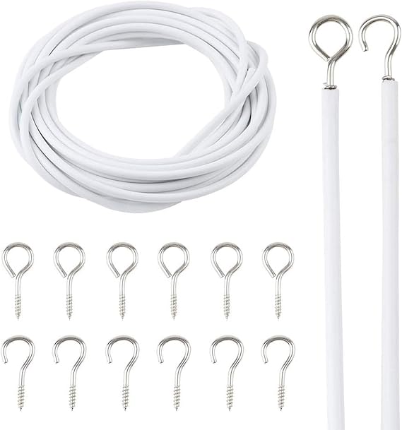 INCREWAY Curtain Wire with Hooks, 5 Metres White Window Cord Expanding Cable with 6 Eye Hooks and 6 Hooks