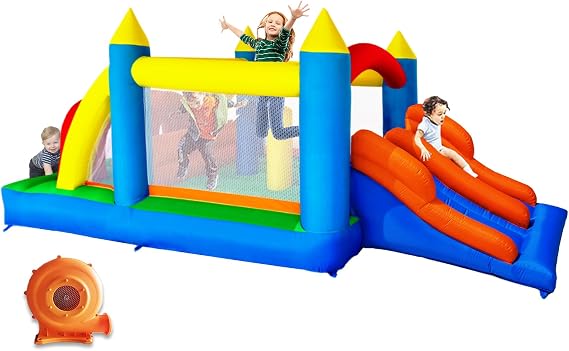 HuaKastro Inflatable Obstacle Course Bounce House for Kids w/Double Slides | Crawl Tunnels, Obstacle Poles, for Kids Ages 3-8, Indoor Outdoor Bouncy Castle - with Blower