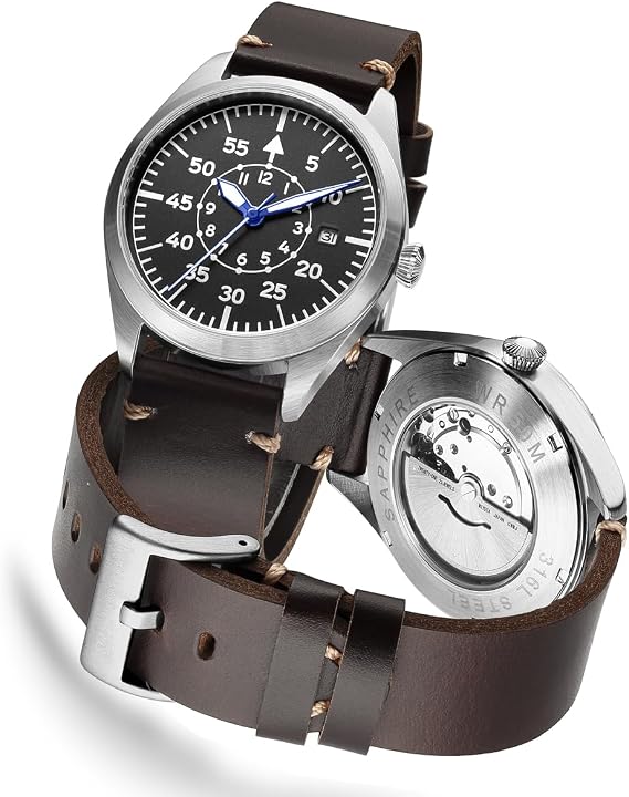Boyarca Pilot Watch Men Aviator Watch Japan Automatic Movement Retro Mechanical Wrist Watch Stainless Steel Case Luminous Waterproof Brown B