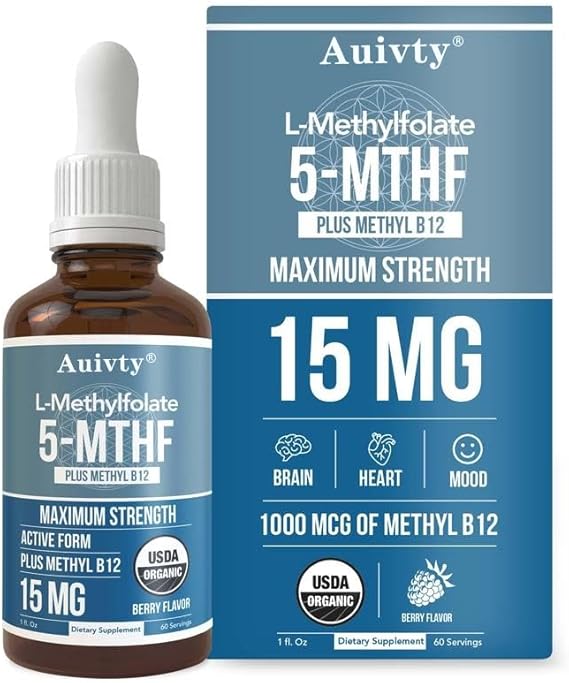 Organic Methyl Folate 1000 mcg + Methyl B12 Drops 5-MTHF & Methylcobalamin Sublingual, 300 Servings, Berry Flavor, Vegan, Non-GMO Liquid Folate & Vitamin B12 Supplement, 1 fl oz