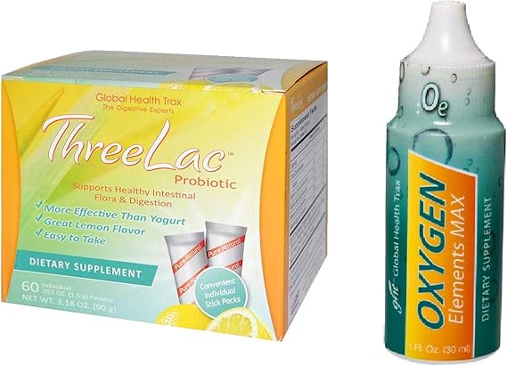 Global Health Trax GHT Three Lac Probiotic Natural Lemon Flavor Supplement (3.18 oz) 1 Pack with Oxygen Elements Max Dietary Supplement (1 Bottle)