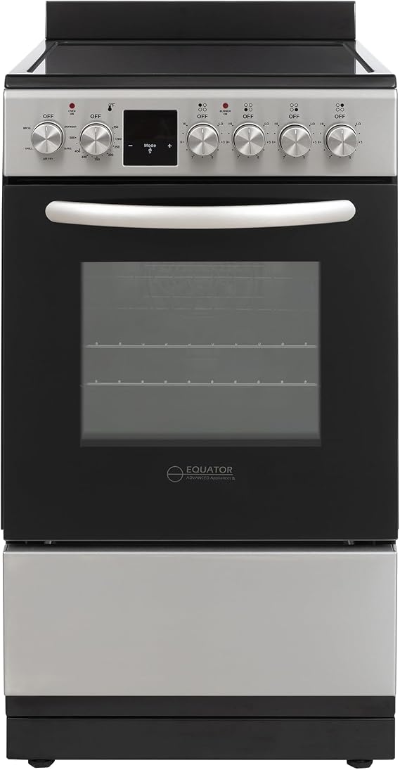 Equator 20-Inch Electric Cooking Range with Convection Oven & Air Fryer, 4 Ceramic Burners, ADA Compliant Design, Freestanding Compact Stove, Storage Drawer, UL Listed, 240V Stainless