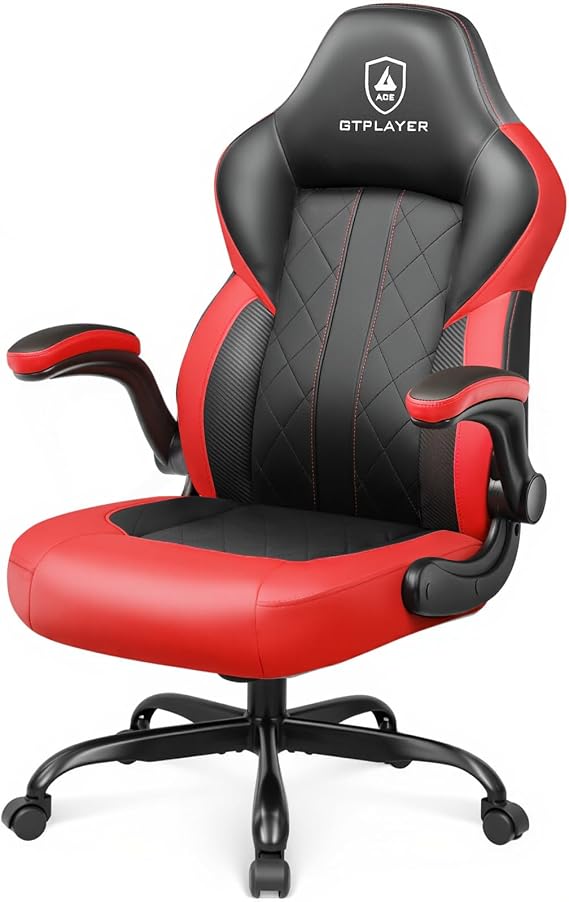 GTPLAYER Video Gaming Chair, Ergonomic Computer Gaming Chair with Flip-Up Armrests and Adjustable Height, Comfortable Desk Chairs with Built-in Lumbar Support, Recliner with 360Swivel (Oil Red)