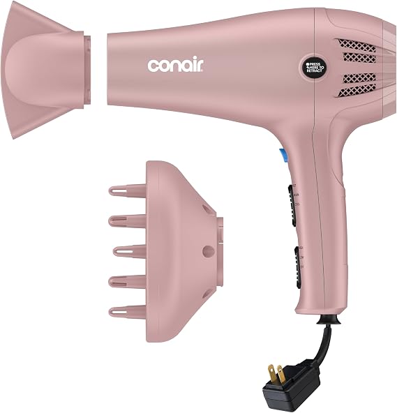 Conair Hair Dryer with Diffuser & Concentrator, 1875W, Matte Light Pink