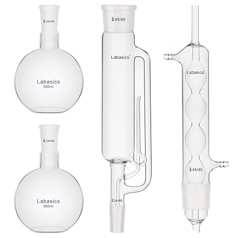 Labasics 500 ml Soxhlet Type Extraction Apparatus, Borosilicate Glass 45/40 Soxhlet Extractor with Allihn Condenser and 2X 500 ml Flat Bottom Flasks with 24/40 Joint, Complete Unit, 4 Pack