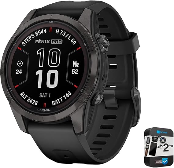 Garmin Fenix 7S Pro Solar, Sapphire, Carbon Gray DLC Titanium, Black Bundle with 2 Year Enhanced Protection Pack