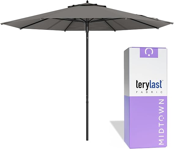 Midtown Umbrellas Push & Pop 8 Ft Patio Umbrellas with Push & Pop Mechanism, 8 Fiberglass Ribs & Terylast Polyester Fabric For Deck, Pool, Cafes and Hotels Charcoal Canopy, Black Pole