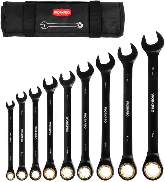 WORKPRO WP202602 8-19mm 9 Parça CR-V Profesyonel Cırcır Kombine Anahtar Takımı + Bez Taşıma Kılıfı