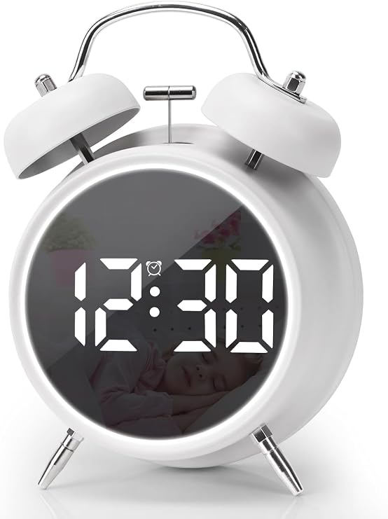 Coverzone Çift Çanlı Dijital Alarm Saati – 70dB Yüksek Sesli, LED Ekranlı, Sıcaklık ve Tarih Gösterimli, Sessiz Çalışma, Gece Işıklı, Sesle Kontrol, Retro & Modern Tasarım | HL-8891A - Beyaz