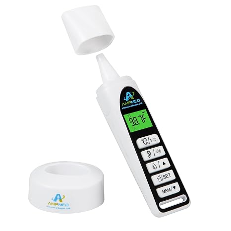 Baby Forehead & Ear Thermometer, Base Stand, 3-in-1, White | Touchless, For Baby, Infants, Toddlers, Kids & Adults, Base Stand & Clock