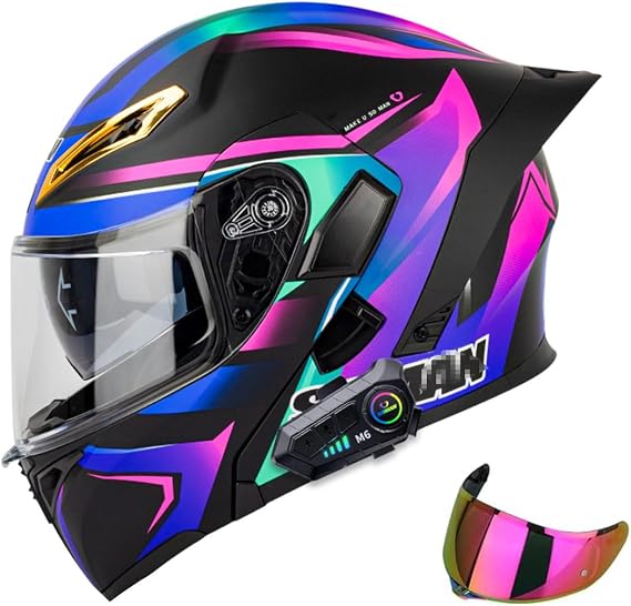 Men Women Modular Bluetooth Motorcycle Helmet Full Face Adult Fashion Front Flip up Sport Motorbike Helmet, Double Visor All Seasons Street Go-Kart ATV Scooter Moped Cruiser Helmets, DOT Approved