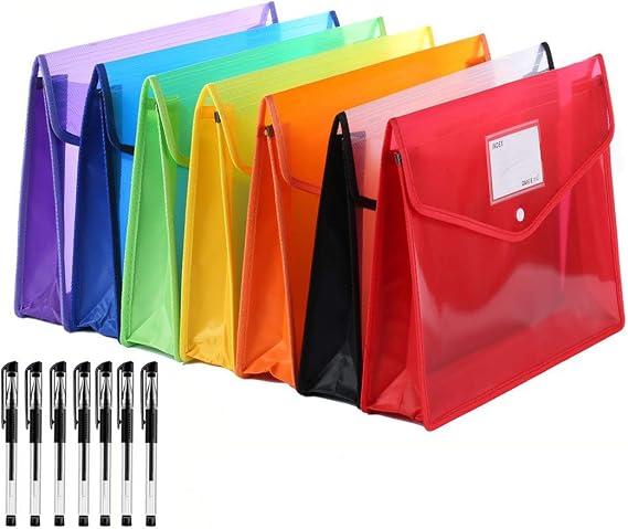 7-Pack B4 Plastic File Folder, Waterproof, Button Closure | Expandable design, assorted colors, includes 7 black gel ink pens, ideal for school and office supplies