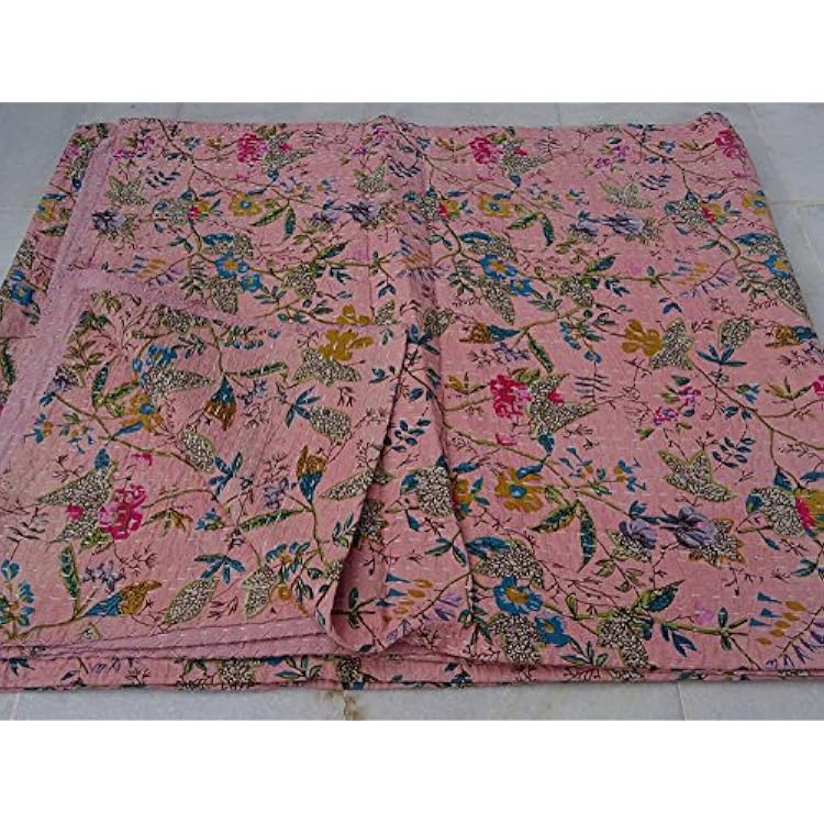 Sophia-Art Handmade Indian Kantha Quilt - Multicolored Shade Bird of Paradise Printed, Bohemian, Mediterranean, Vintage Bedding Quilt, Twin 60X90 inches