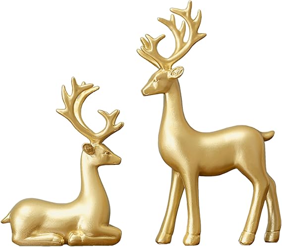 FANTESTICRYAN Small Reindeer Sculpture, Gold Resin Christmas Elk Set of 2