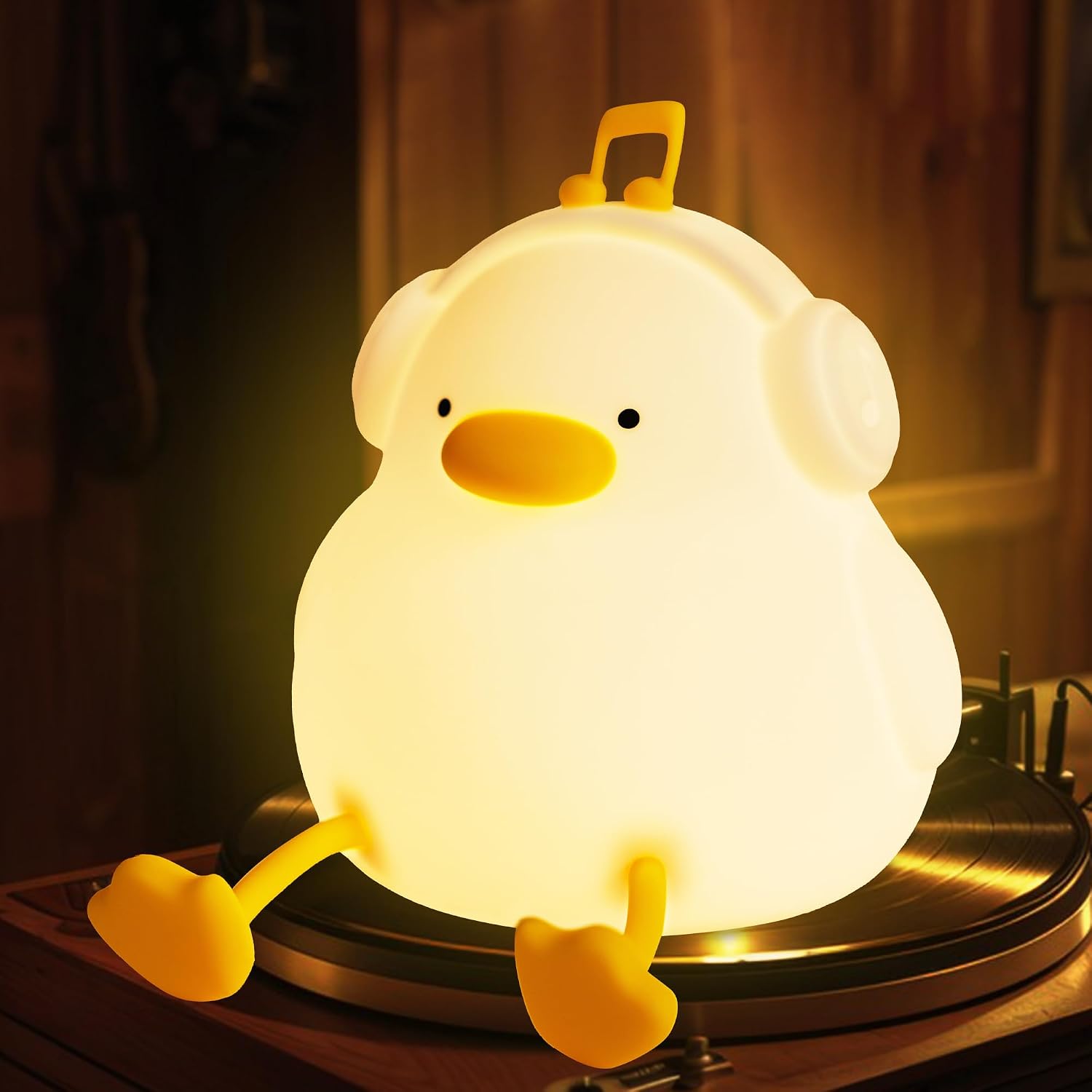 CooPark Duck night light, cute duck lamp with headphones, perfect silicone night light for bedroom, music decor with dimmable timer, rechargeable, birthday for babies, girls, [Energy Class G]