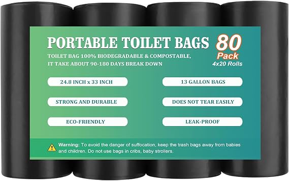 80PCS 13 Gallon Portable Toilet Bags for Camping, Biodegradable Trash bags - 1.2 Mills Thickened Waste Bag, Camping Poop Bag for Trash Lawn, Leaf Yard