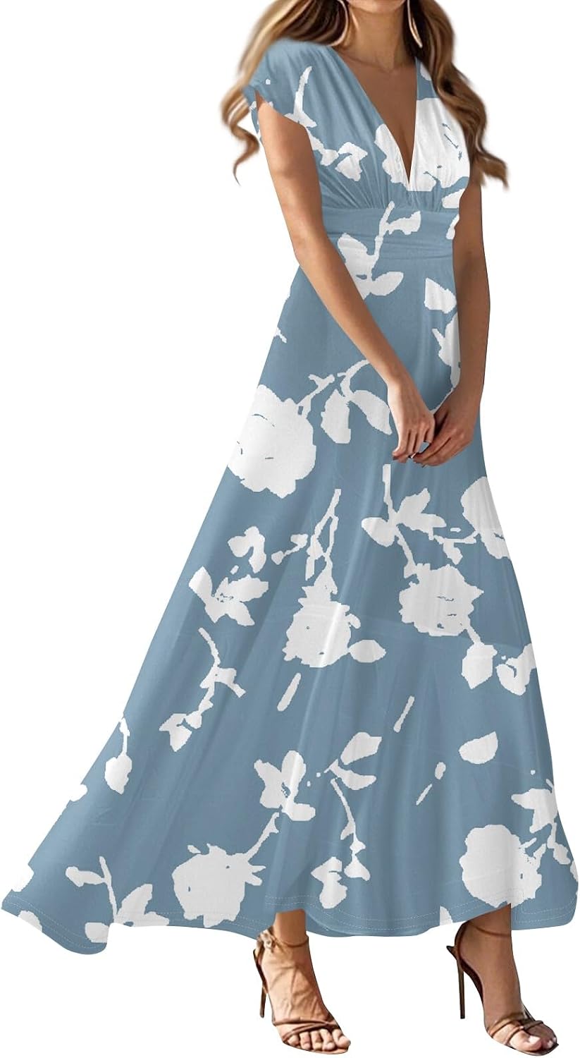 Womens Summer Maxi Dresses Casual Sexy Deep V Neck Boho Wrap Floral Dress Short Sleeve Empire Waist Long Dresses