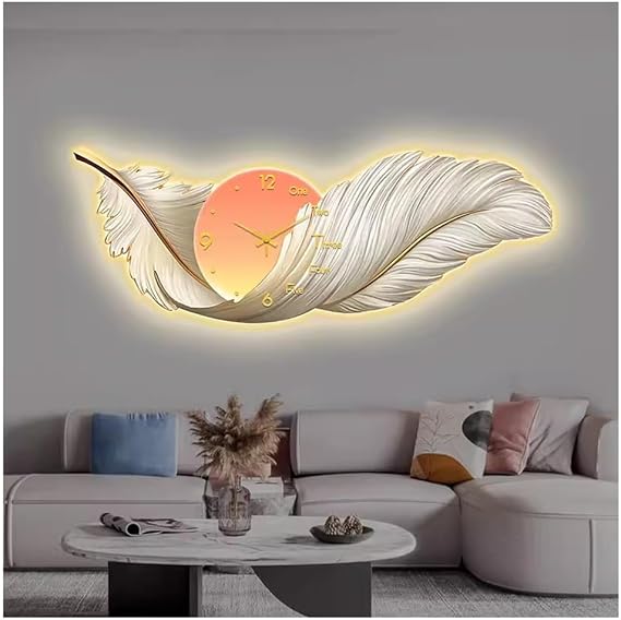 Luxury Feather Wall Art, Backlight Nightlight Feather Wall Art Wall Clock Wall Decoration W/LED Light & Clock Large Wall Hanging Decoration Artwork For Living Room Bedroom Decor(Color:White-B,Size:120