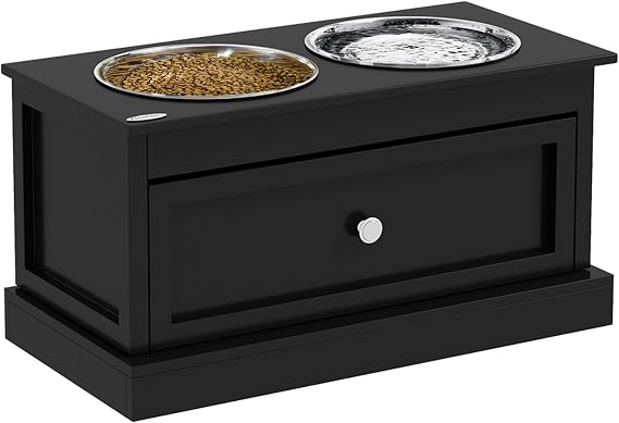 PawHut Large Elevated Dog Bowls with Storage Drawer - 11L Capacity, Raised Dog Bowl Stand Feeding Station, Black