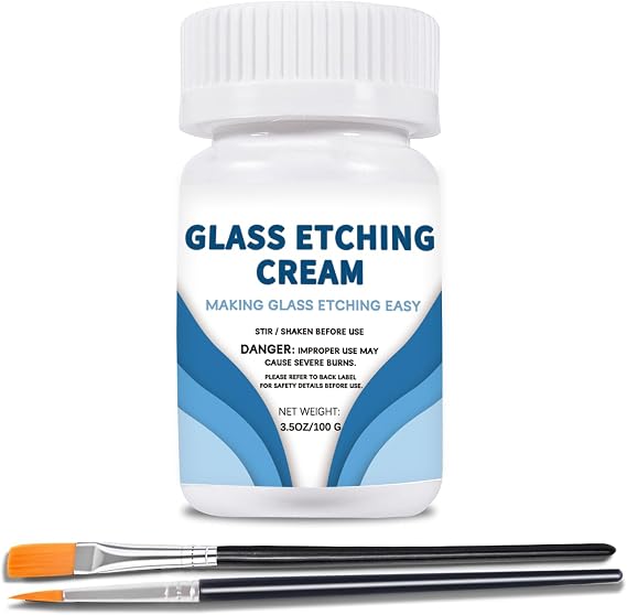 3.5 oz Etching Cream for Glass with 2 Brushes, Glass Etching Kit Creates Permanent Etched Patterns, Frosted Etch Starter Kit, Art Mirrors Cream for Mirrors, Glassware