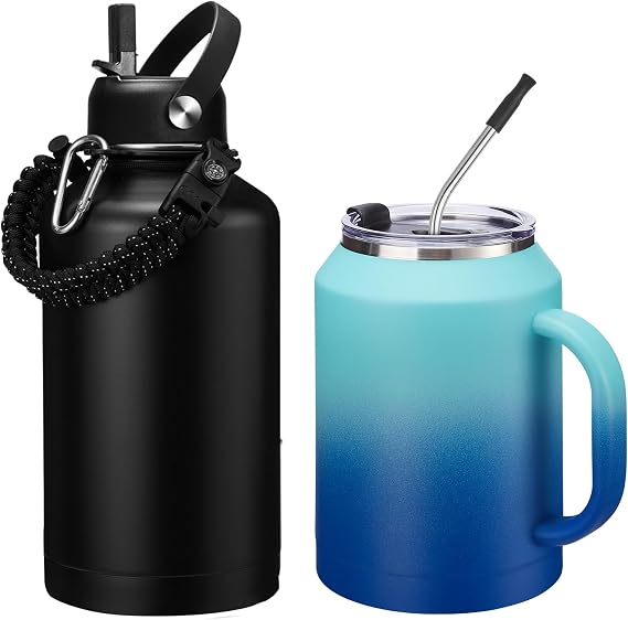 64oz Insulated Water Bottle & 50oz Insulated Mug (Black&Ocean Blue) Bundle