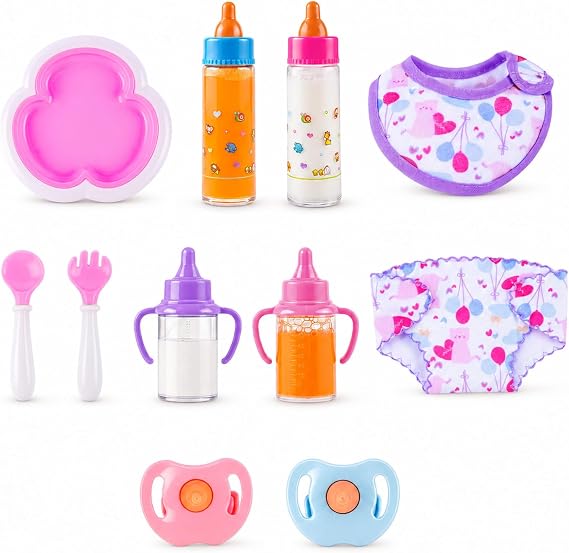 BABESIDE 11 Pcs Baby Doll Accessories Set - Baby Doll Bottles, Diapers, Pacifiers, Bib, Plate - Baby Doll Stuff & Toys for Little Girls
