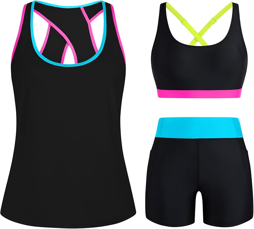 HUSKARY 3 Piece Tankini Swimsuits for Women Swim Tank Top with Bra and High Waist Boy Shorts with Pockets